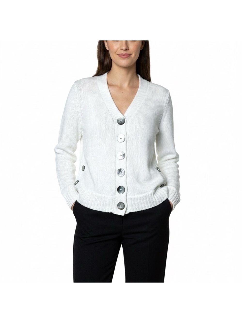 PURE HANDKNIT 100% Cotton White Button Front Cardigan Curved Hem M of P Buttons